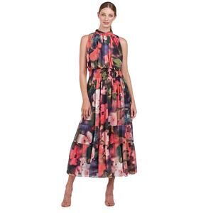 Kay Unger Leilani Hibiscus Print Blouson Maxi $388 Dress in Bright Coral Size 8